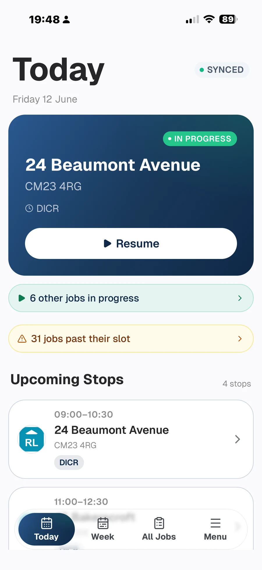 The Tutaris engineer app Today screen
